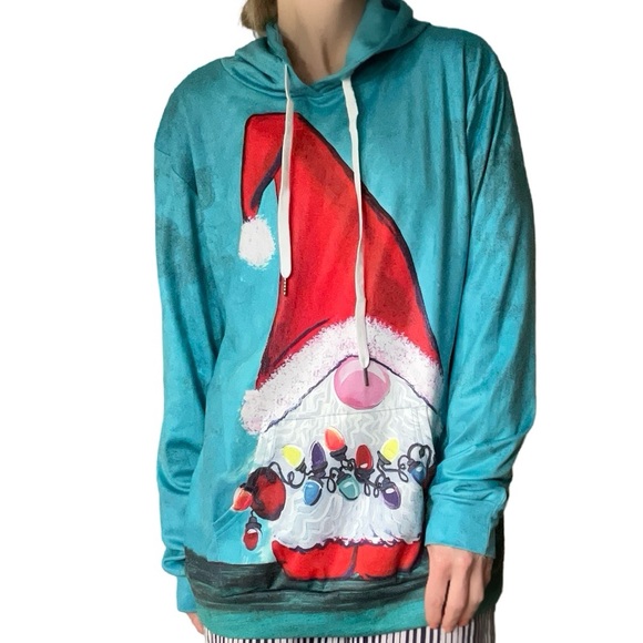 Christmas Elf Gnome Blue Hoodie Soft Comfy Sweatshirt Size Large - Picture 2 of 8